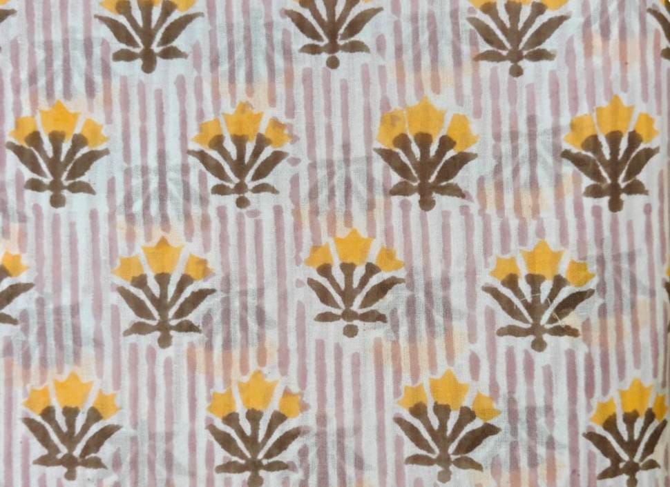 Pink Striped Floral Cotton Fabric by Yard, Hand Block Print Cotton Fabric, Indian Cotton Fabric for Sewing Quilting Dressmaking Craft Fabric