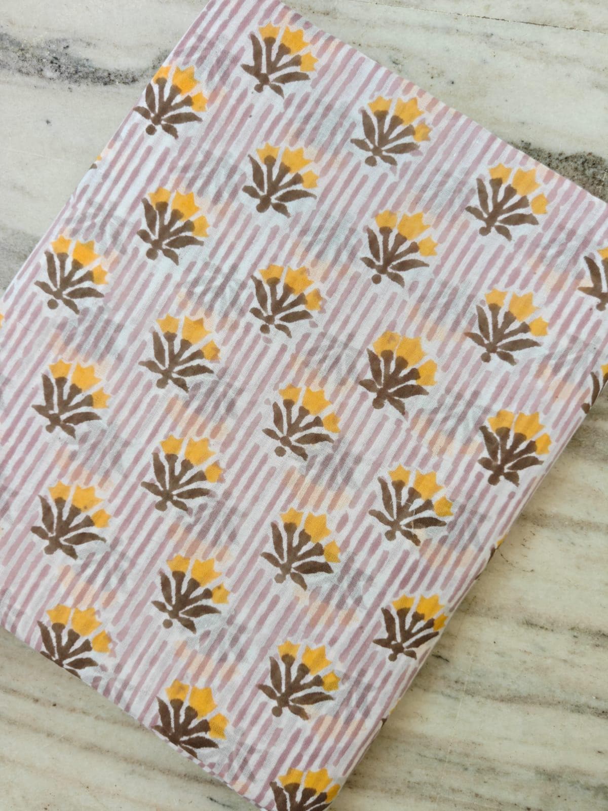 Pink Striped Floral Cotton Fabric by Yard, Hand Block Print Cotton Fabric, Indian Cotton Fabric for Sewing Quilting Dressmaking Craft Fabric