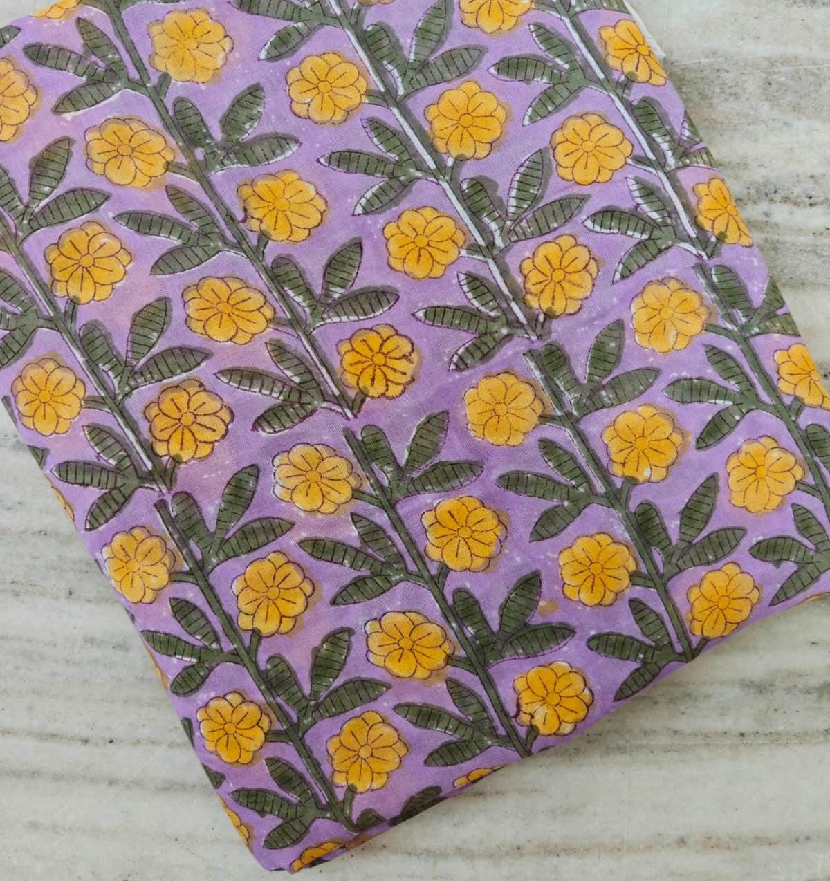 Lavender Floral Cotton Fabric by Yard, Hand Block Print Fabric, Yellow Flower Indian Cotton Fabric for Sewing Quilting Dressmaking, Fabric