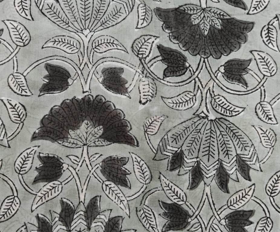 Black Floral Cotton Fabric by Yard, Hand Block Print Indian Cotton Fabric, Grey Botanical Fabric for Sewing Quilting Dressmaking Decor