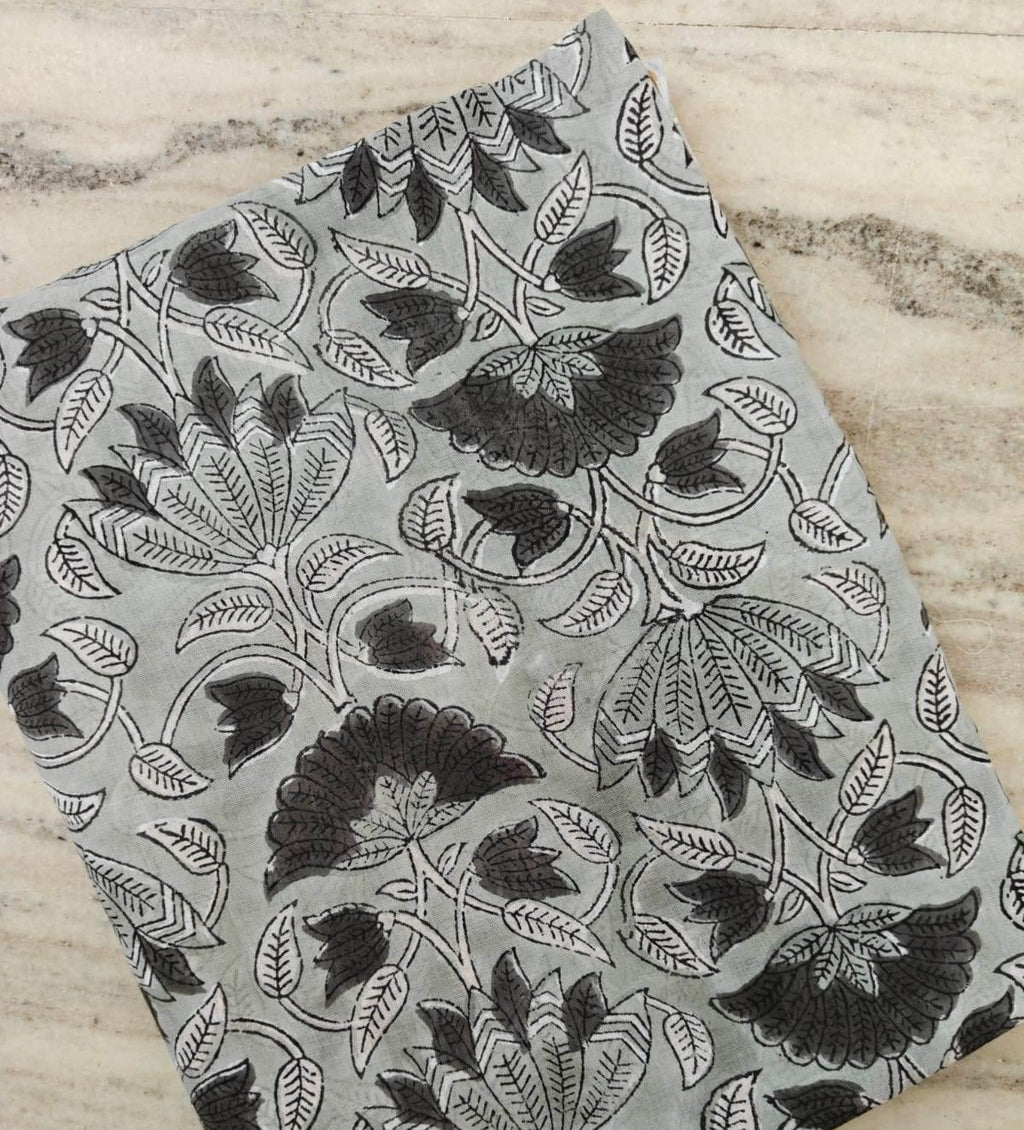 Black Floral Cotton Fabric by Yard, Hand Block Print Indian Cotton Fabric, Grey Botanical Fabric for Sewing Quilting Dressmaking Decor