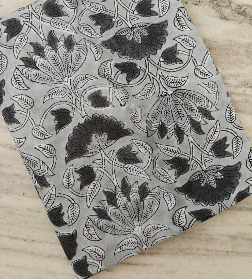Black Floral Cotton Fabric by Yard, Hand Block Print Indian Cotton Fabric, Grey Botanical Fabric for Sewing Quilting Dressmaking Decor