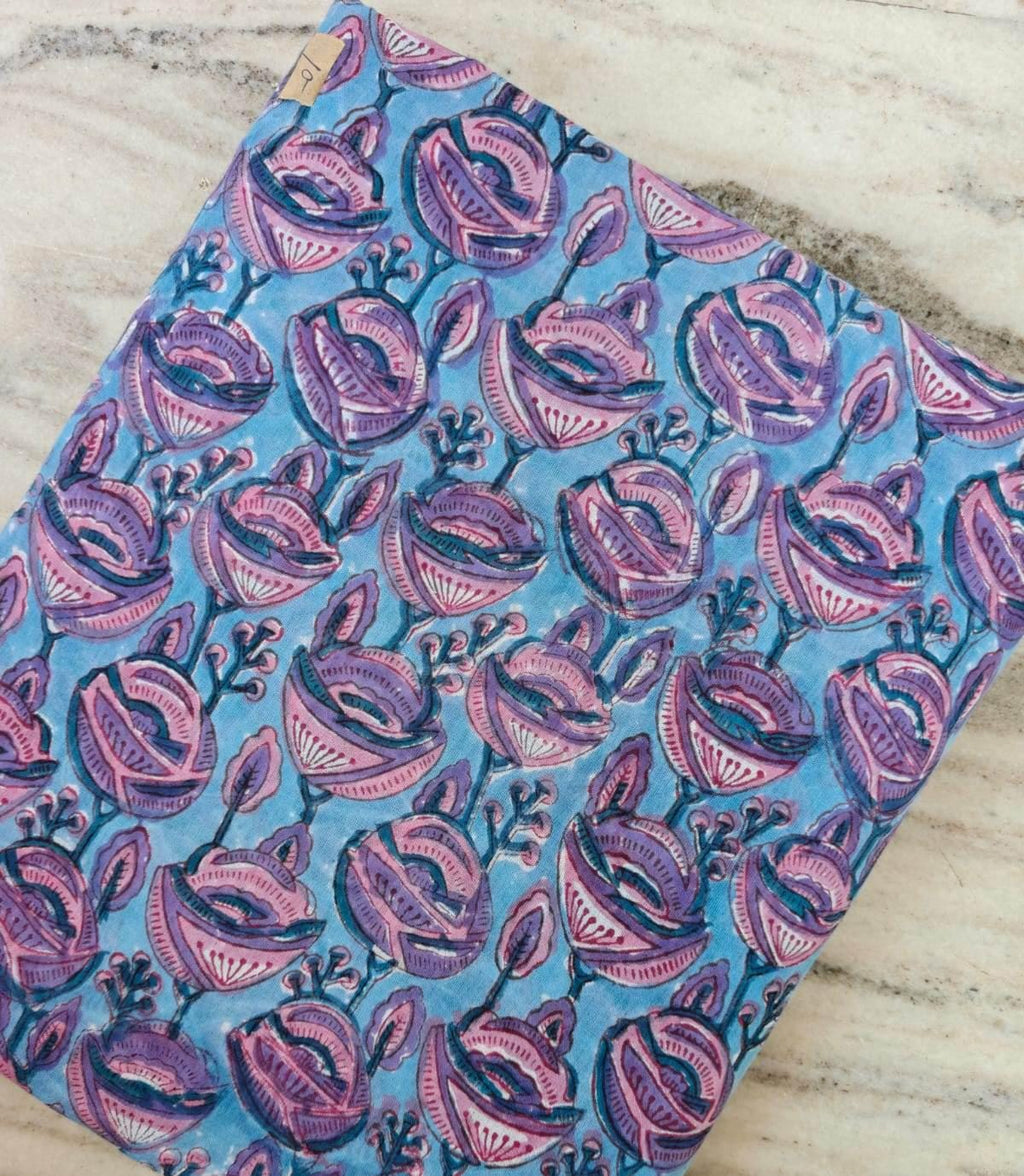 Hand Block Print Cotton Fabric, Blue Pink Floral Indian Fabric, Soft Cotton Sewing Fabric by Yard for Dresses Quilting Crafts, Loose Fabric