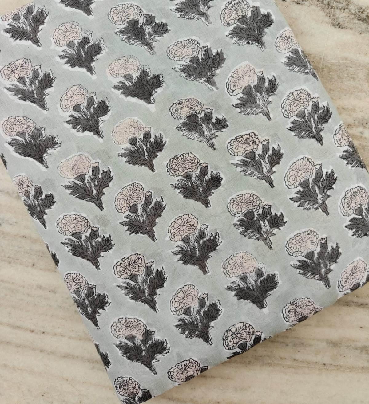 Handmade Block Print Cotton Fabric, Grey Floral Cotton Textile, Indian Fabric by the Yard, Boho Sewing Fabric for Apparel Home Decor