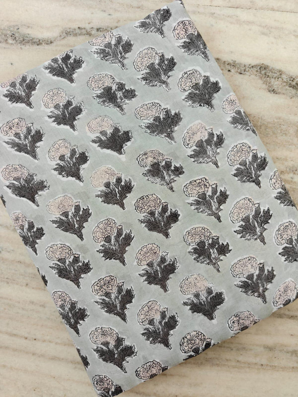 Handmade Block Print Cotton Fabric, Grey Floral Cotton Textile, Indian Fabric by the Yard, Boho Sewing Fabric for Apparel Home Decor