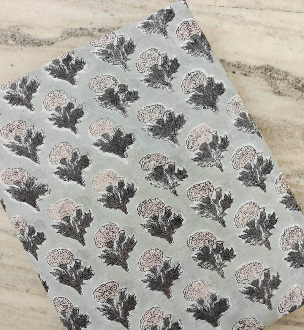 Handmade Block Print Cotton Fabric, Grey Floral Cotton Textile, Indian Fabric by the Yard, Boho Sewing Fabric for Apparel Home Decor