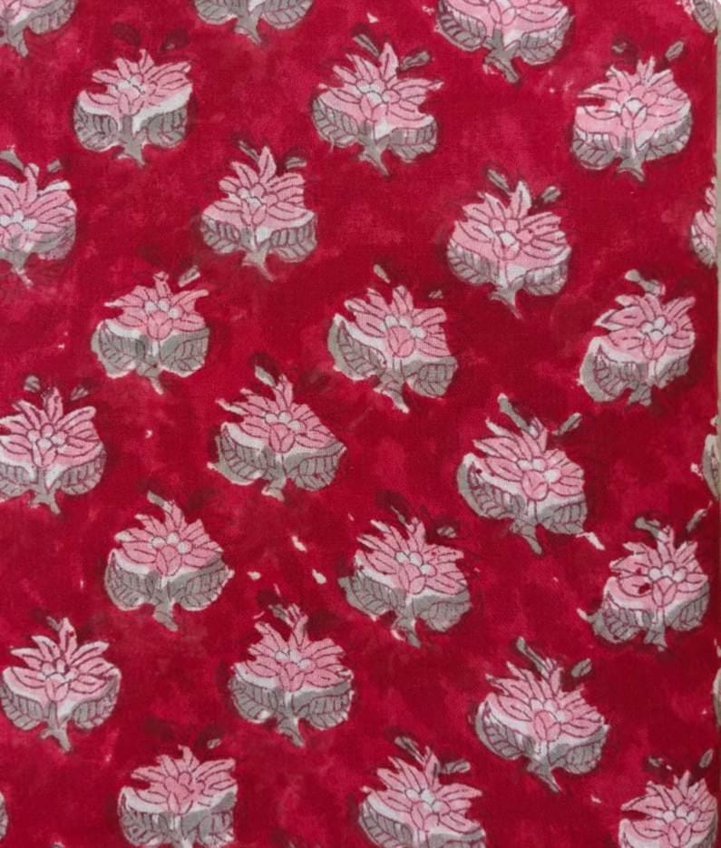 Red Hand Block Print Cotton Fabric by Yard, Floral Indian Cotton Fabric, Soft Lightweight Cotton for Sewing Quilting Dressmaking Crafts