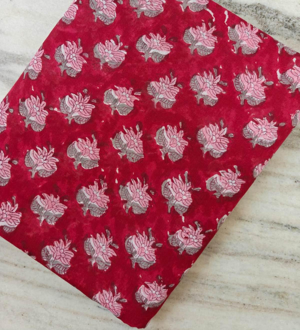 Red Hand Block Print Cotton Fabric by Yard, Floral Indian Cotton Fabric, Soft Lightweight Cotton for Sewing Quilting Dressmaking Crafts
