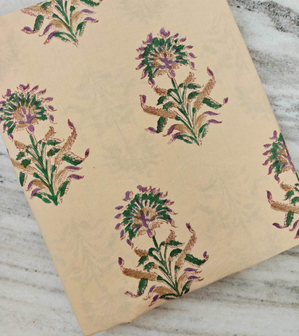 Beige Floral Cotton Fabric by Yard, Hand Block Print Fabric, Indian Cotton Fabric, Soft Lightweight Fabric for Dress Quilting Craft Sewing