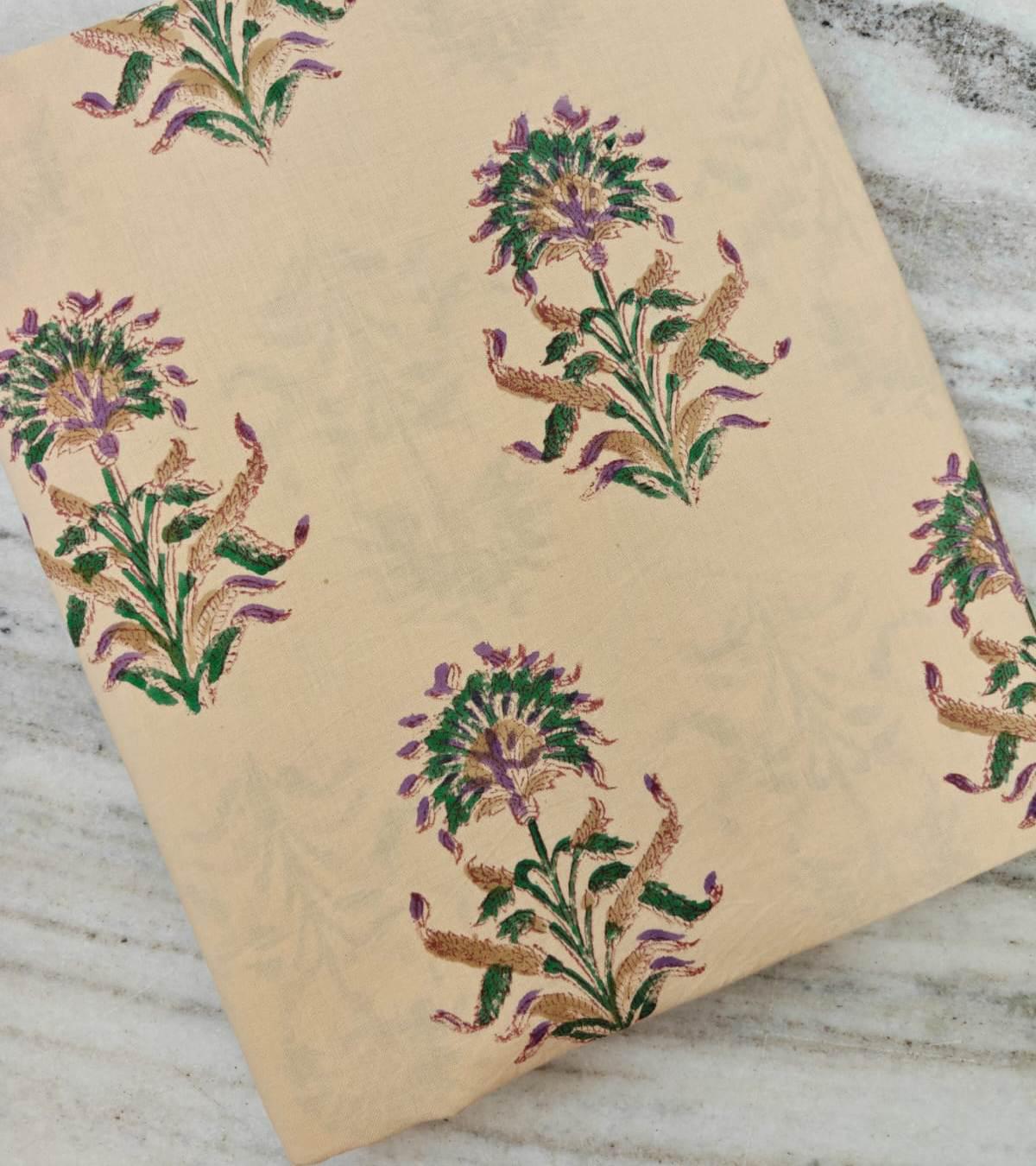 Beige Floral Cotton Fabric by Yard, Hand Block Print Fabric, Indian Cotton Fabric, Soft Lightweight Fabric for Dress Quilting Craft Sewing