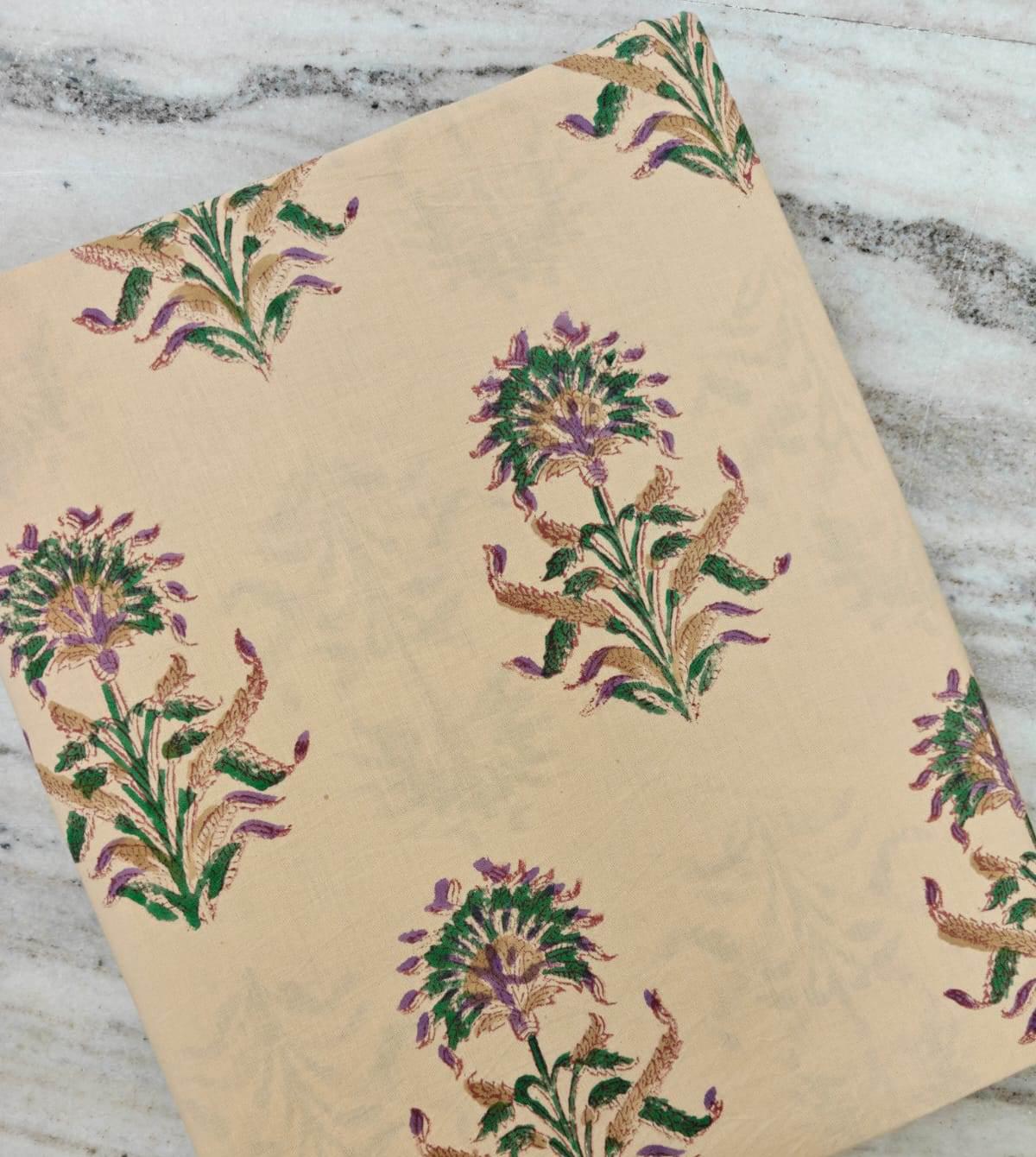 Beige Floral Cotton Fabric by Yard, Hand Block Print Fabric, Indian Cotton Fabric, Soft Lightweight Fabric for Dress Quilting Craft Sewing