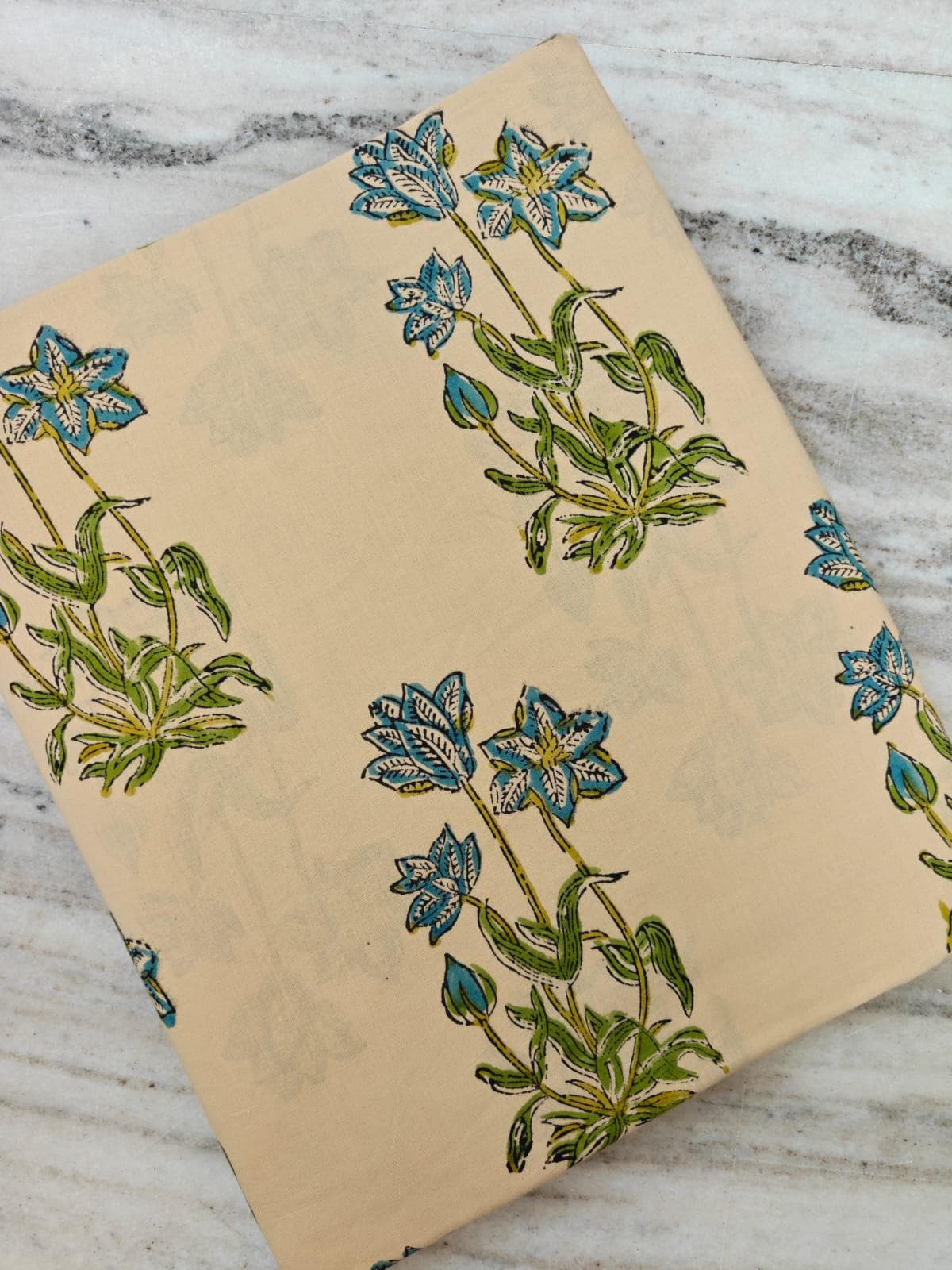 Blue Floral Cotton Fabric by Yard, Indian Block Print Fabric, Beige Cotton Sewing Fabric, Lightweight Fabric for Dress Quilting Craft Decor