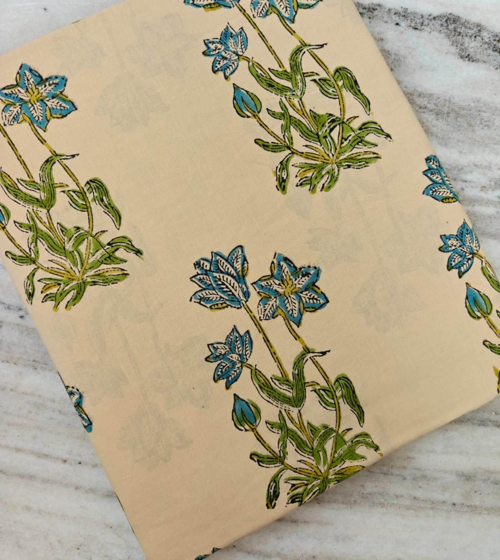 Blue Floral Cotton Fabric by Yard, Indian Block Print Fabric, Beige Cotton Sewing Fabric, Lightweight Fabric for Dress Quilting Craft Decor