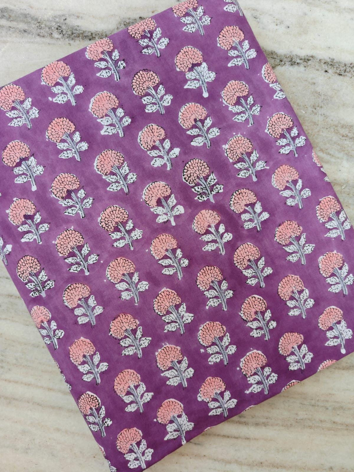 Hand Block Print Cotton Fabric, Purple Floral Indian Textile, Soft Sewing Material, Fabric by Yard, Pink Buti Print Fabric For Dress Making