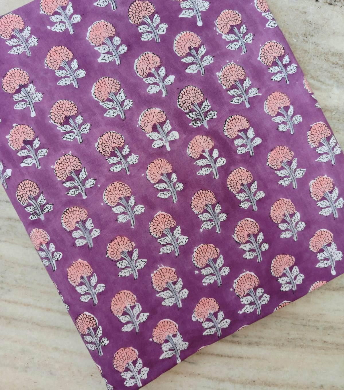 Hand Block Print Cotton Fabric, Purple Floral Indian Textile, Soft Sewing Material, Fabric by Yard, Pink Buti Print Fabric For Dress Making