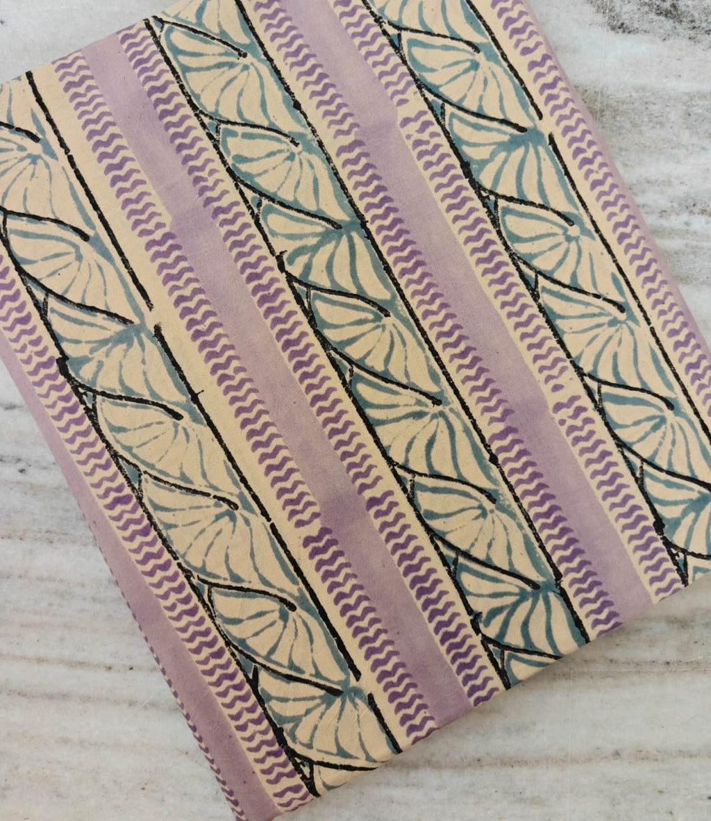 Hand Block Print Cotton Fabric by Yard, Leaf Stripe Indian Cotton Fabric, Lavender Blue Botanical Fabric, Soft Cotton Fabric Home Decor