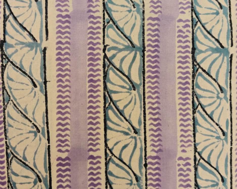 Hand Block Print Cotton Fabric by Yard, Leaf Stripe Indian Cotton Fabric, Lavender Blue Botanical Fabric, Soft Cotton Fabric Home Decor
