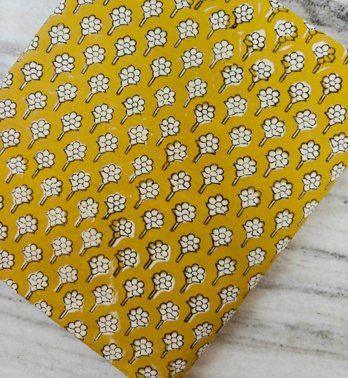 Mustard Yellow Hand Block Print Cotton Fabric by Yard, Floral Buti Indian Cotton Fabric, Jaipur Boho Fabric for Sewing Quilting Decor