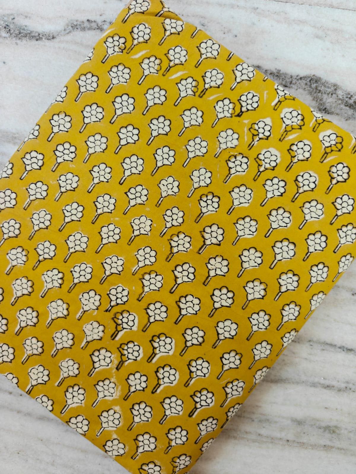 Mustard Yellow Hand Block Print Cotton Fabric by Yard, Floral Buti Indian Cotton Fabric, Jaipur Boho Fabric for Sewing Quilting Decor