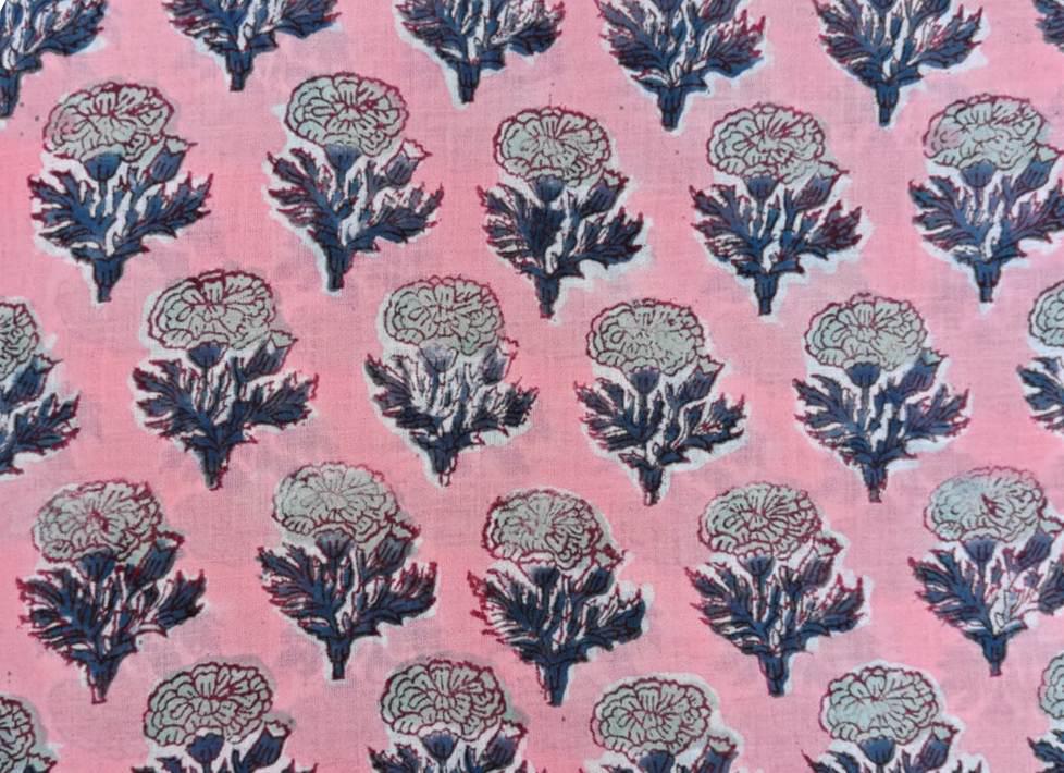 Pink Floral Cotton Fabric, Hand Block Print Fabric, Indian Cotton Textile, Blue White Botanical Fabric, Quilting Sewing Craft Fabric by Yard