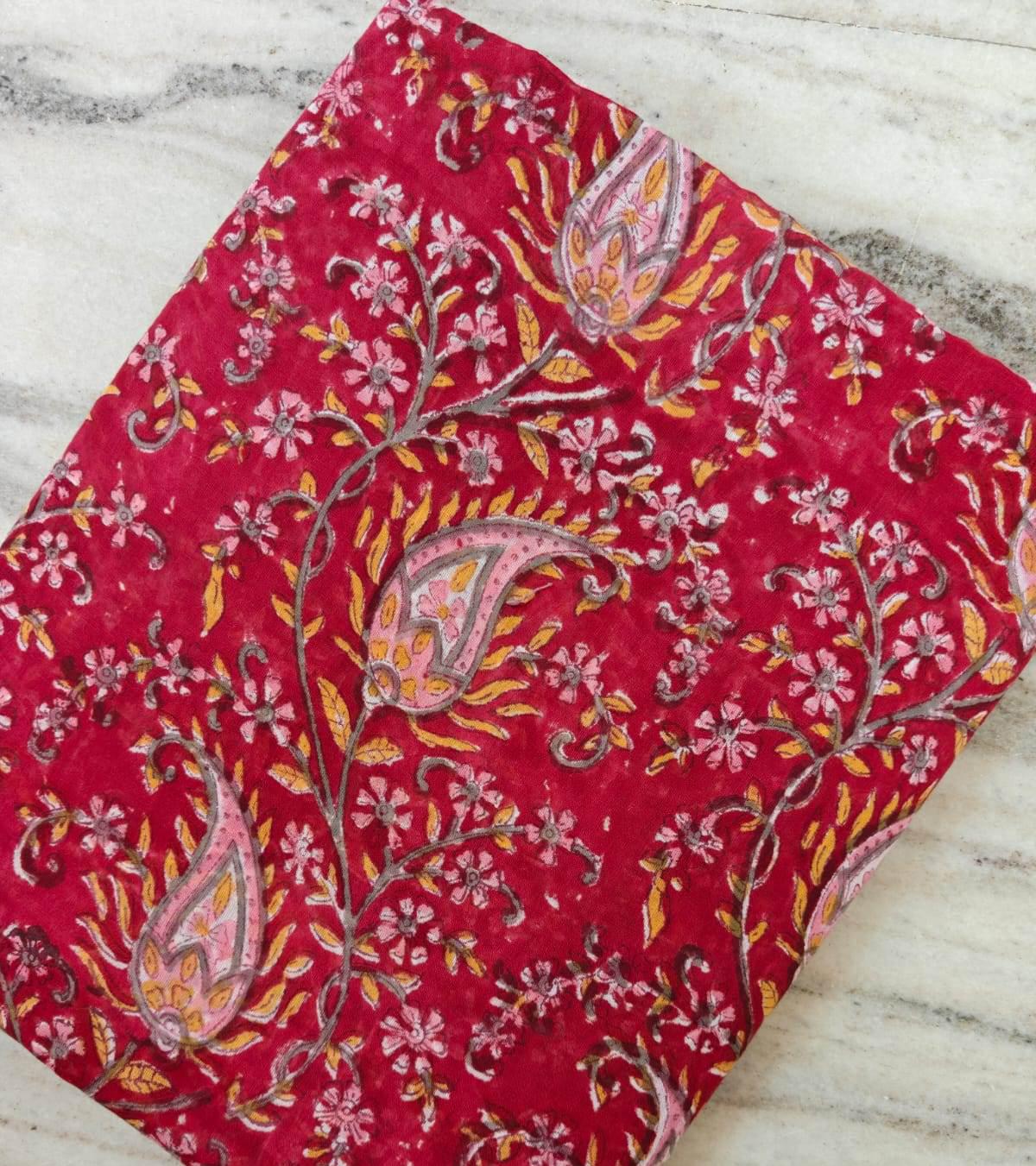 Red Floral Paisley Cotton Fabric by Yard, Indian Hand Block Print Fabric, Quilting Fabric, Boho Dress  Craft Sewing Fabric, Loose Fabric