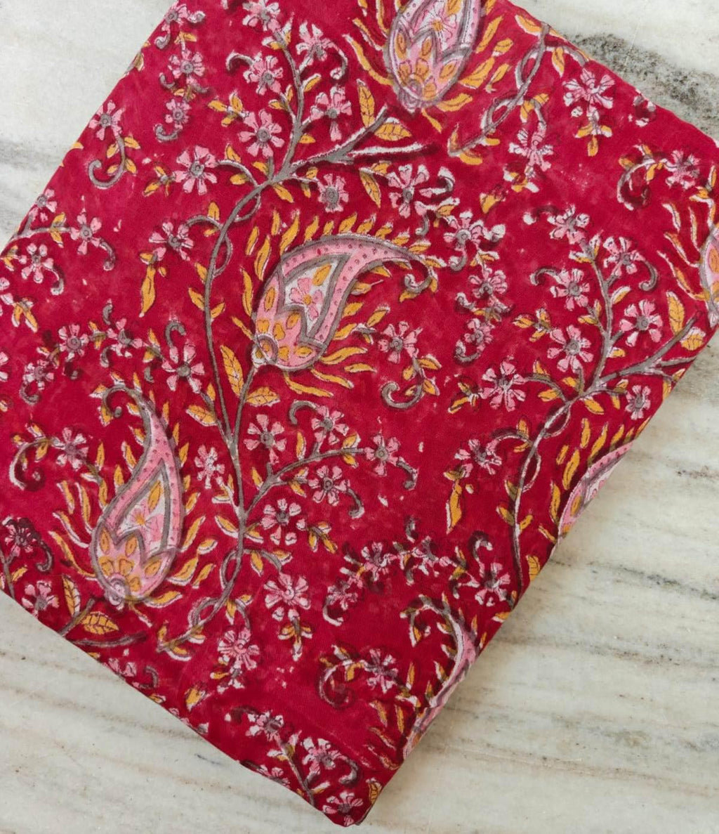 Red Floral Paisley Cotton Fabric by Yard, Indian Hand Block Print Fabric, Quilting Fabric, Boho Dress  Craft Sewing Fabric, Loose Fabric
