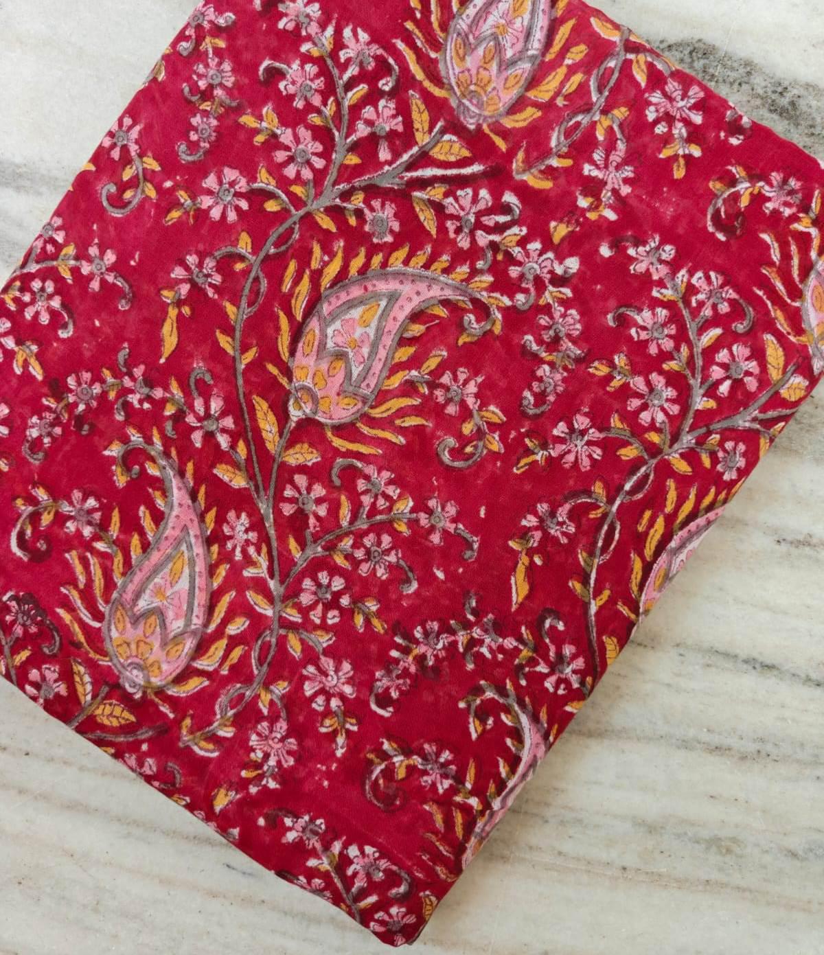 Red Floral Paisley Cotton Fabric by Yard, Indian Hand Block Print Fabric, Quilting Fabric, Boho Dress  Craft Sewing Fabric, Loose Fabric