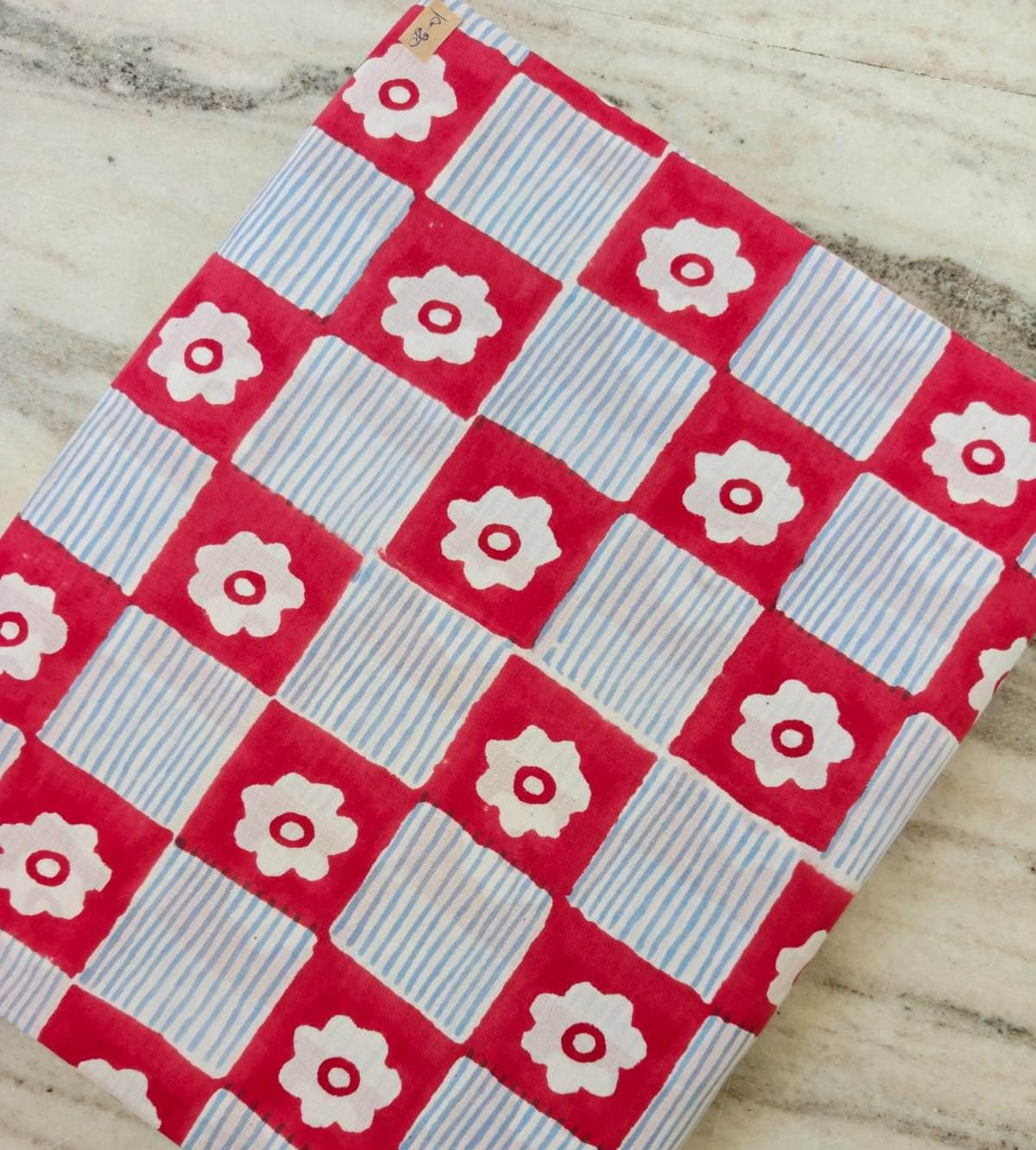 Red Floral Check Cotton Fabric by Yard, Retro Checkerboard Cotton Fabric, Blue Stripe Flower Print Fabric, Loose Running Fabric, Napkins