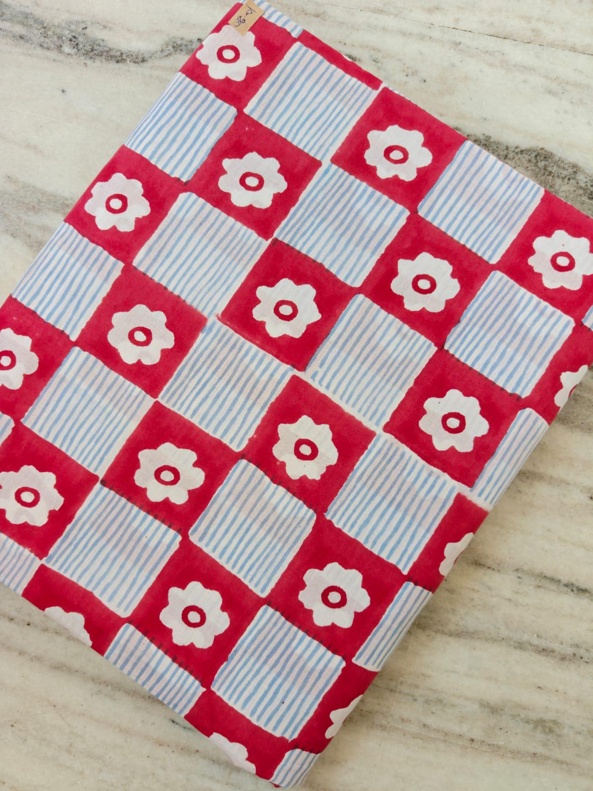 Red Floral Check Cotton Fabric by Yard, Retro Checkerboard Cotton Fabric, Blue Stripe Flower Print Fabric, Loose Running Fabric, Napkins