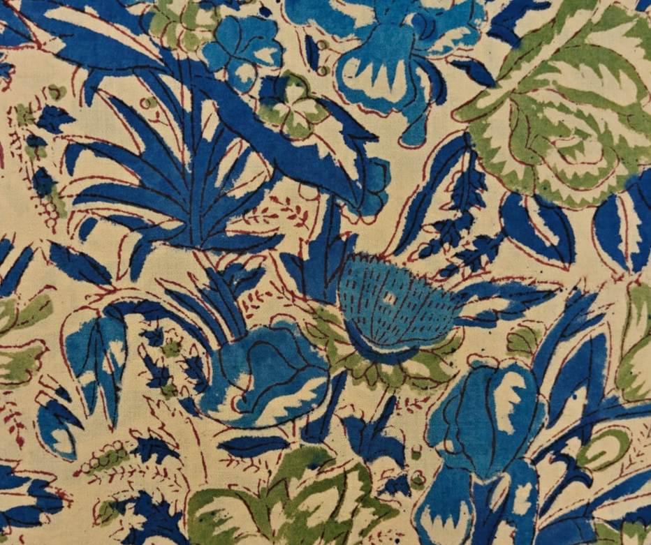 Blue Green Floral Hand Block Print Cotton Fabric, Indian Botanical Cotton Textile, Quilting Sewing Dressmaking Fabric by the Yard, Fabric