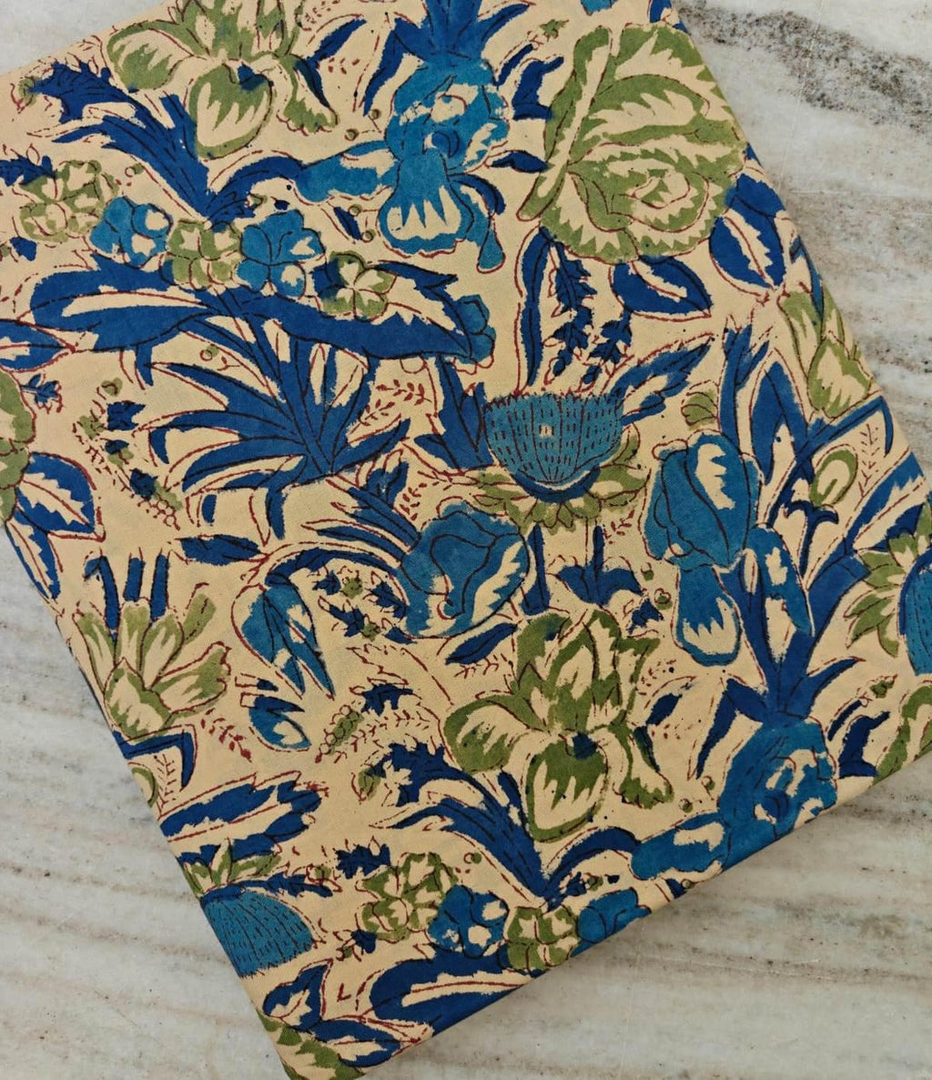 Blue Green Floral Hand Block Print Cotton Fabric, Indian Botanical Cotton Textile, Quilting Sewing Dressmaking Fabric by the Yard, Fabric