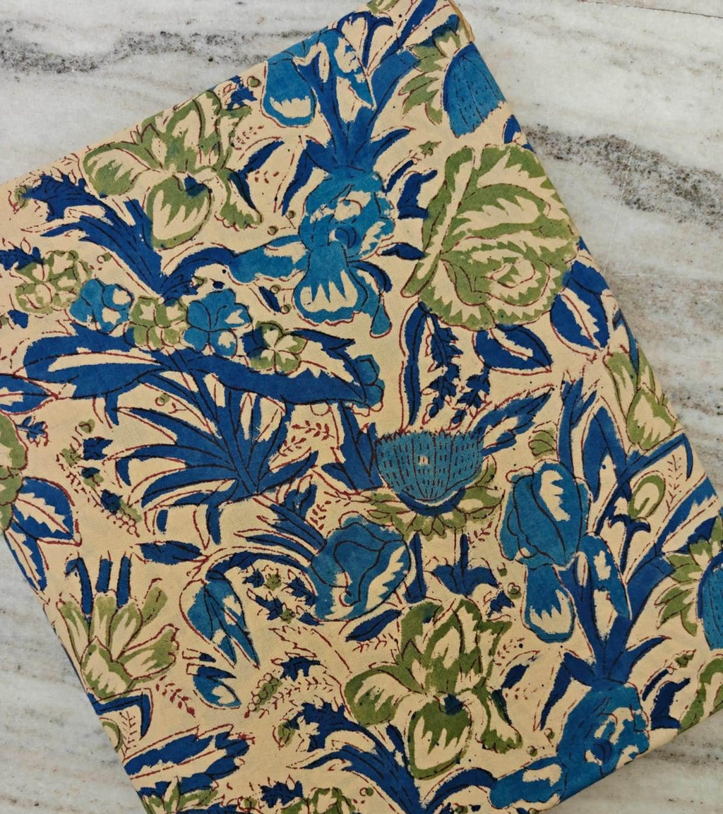 Blue Green Floral Hand Block Print Cotton Fabric, Indian Botanical Cotton Textile, Quilting Sewing Dressmaking Fabric by the Yard, Fabric