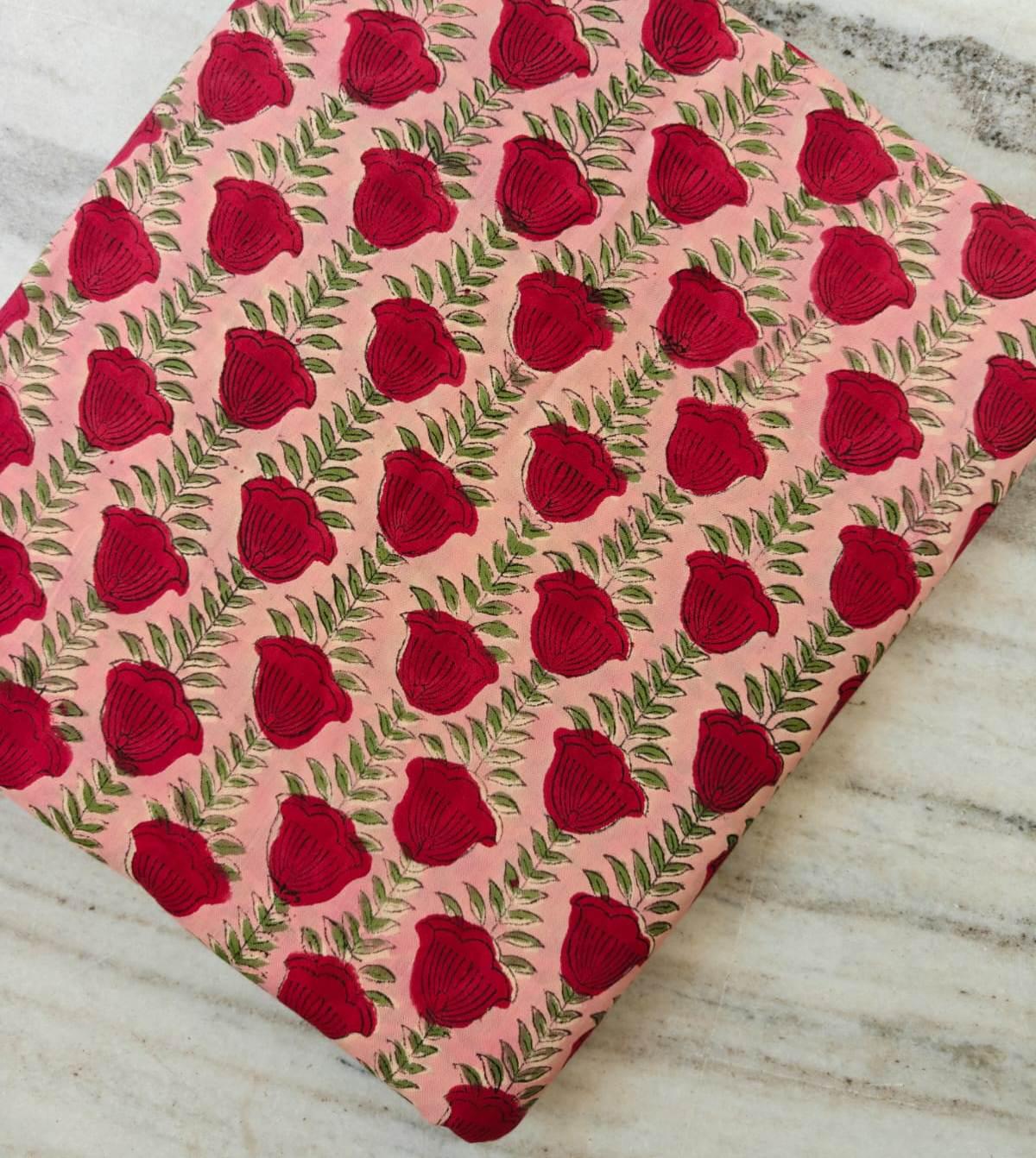 Pink and Red Color Indian Hand Block Print Fabric, 100% Cotton Quilting Fabric By The Yard, Dressmaking Fabric, Napkins Fabric, Loose Fabric