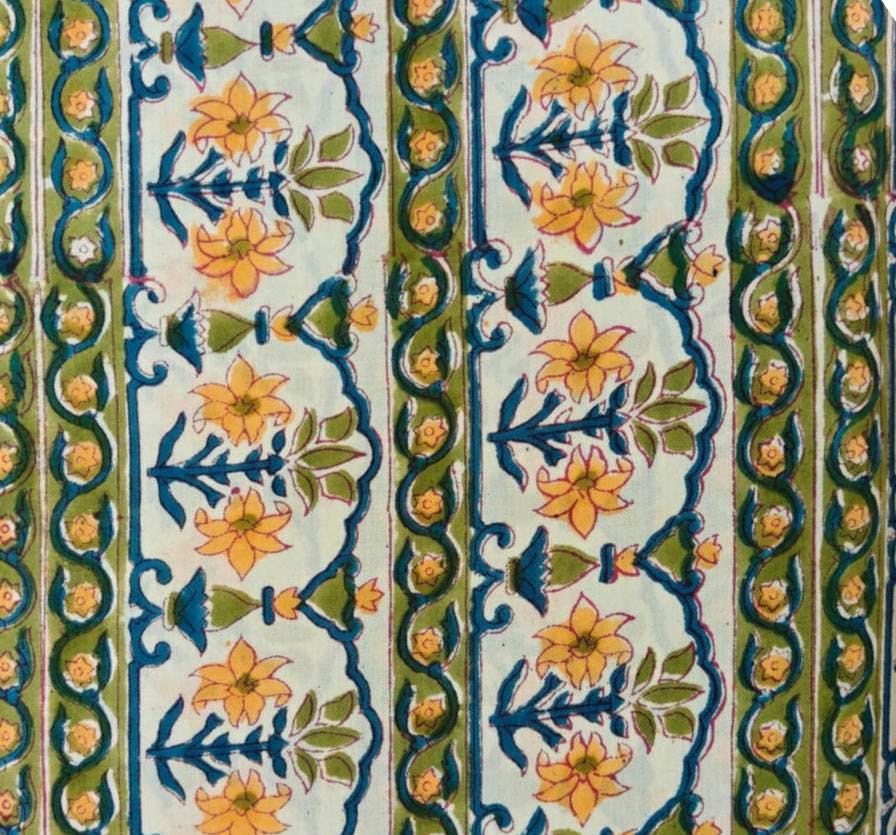Yellow Floral Stripe Hand Block Print Cotton Fabric, Indian Botanical Cotton Fabric by Yard, Quilting Sewing Dressmaking Textile, Fabric