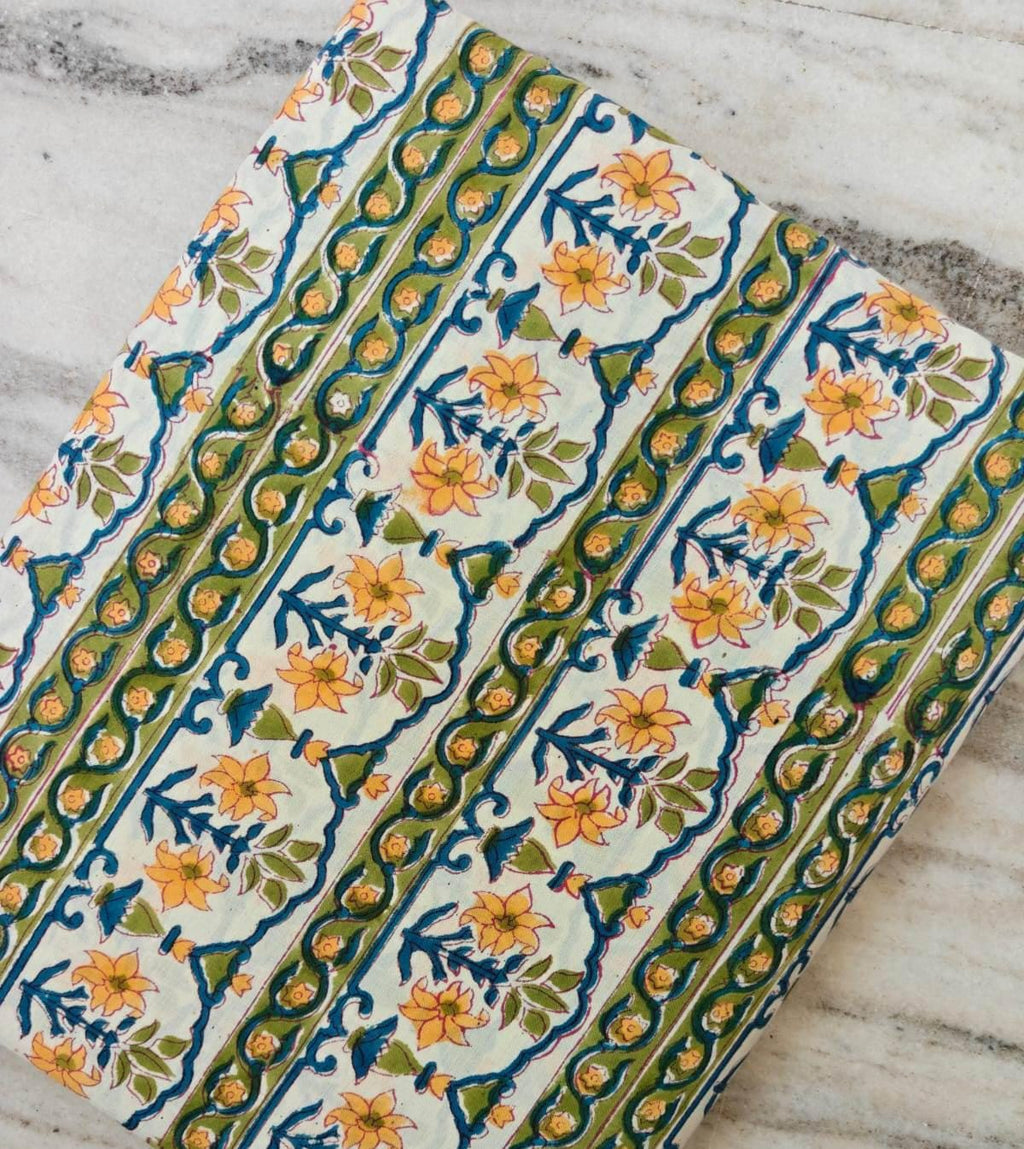 Yellow Floral Stripe Hand Block Print Cotton Fabric, Indian Botanical Cotton Fabric by Yard, Quilting Sewing Dressmaking Textile, Fabric