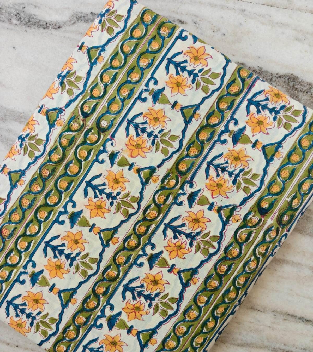 Yellow Floral Stripe Hand Block Print Cotton Fabric, Indian Botanical Cotton Fabric by Yard, Quilting Sewing Dressmaking Textile, Fabric