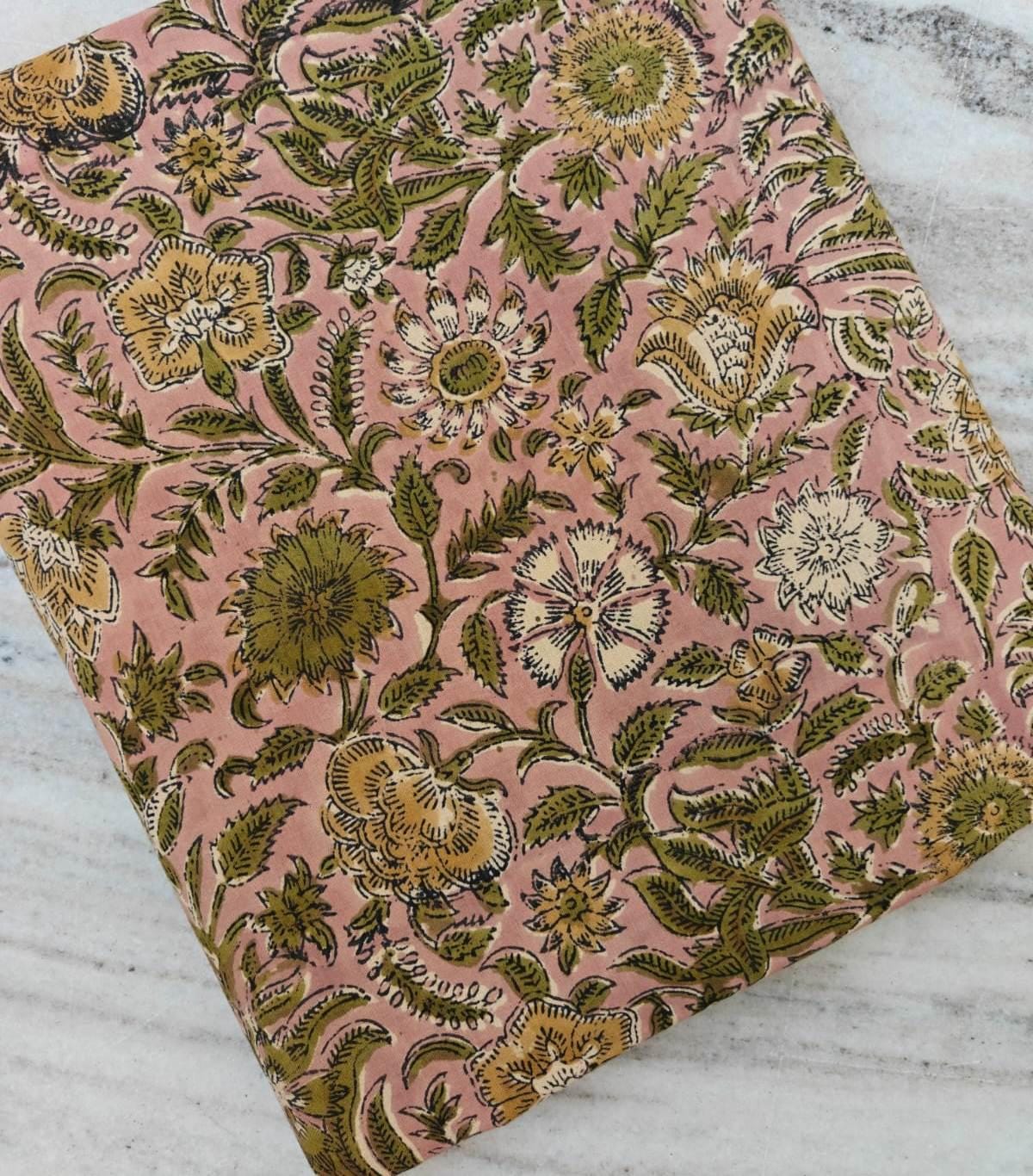 Pink Floral Cotton Fabric by the Yard, Hand Block Print Cotton Fabric, Indian Floral Fabric, Botanical Cotton Textile, Sewing Craft Fabric