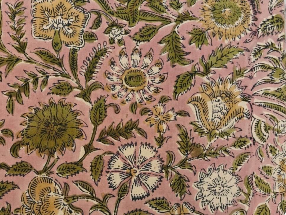 Pink Floral Cotton Fabric by the Yard, Hand Block Print Cotton Fabric, Indian Floral Fabric, Botanical Cotton Textile, Sewing Craft Fabric