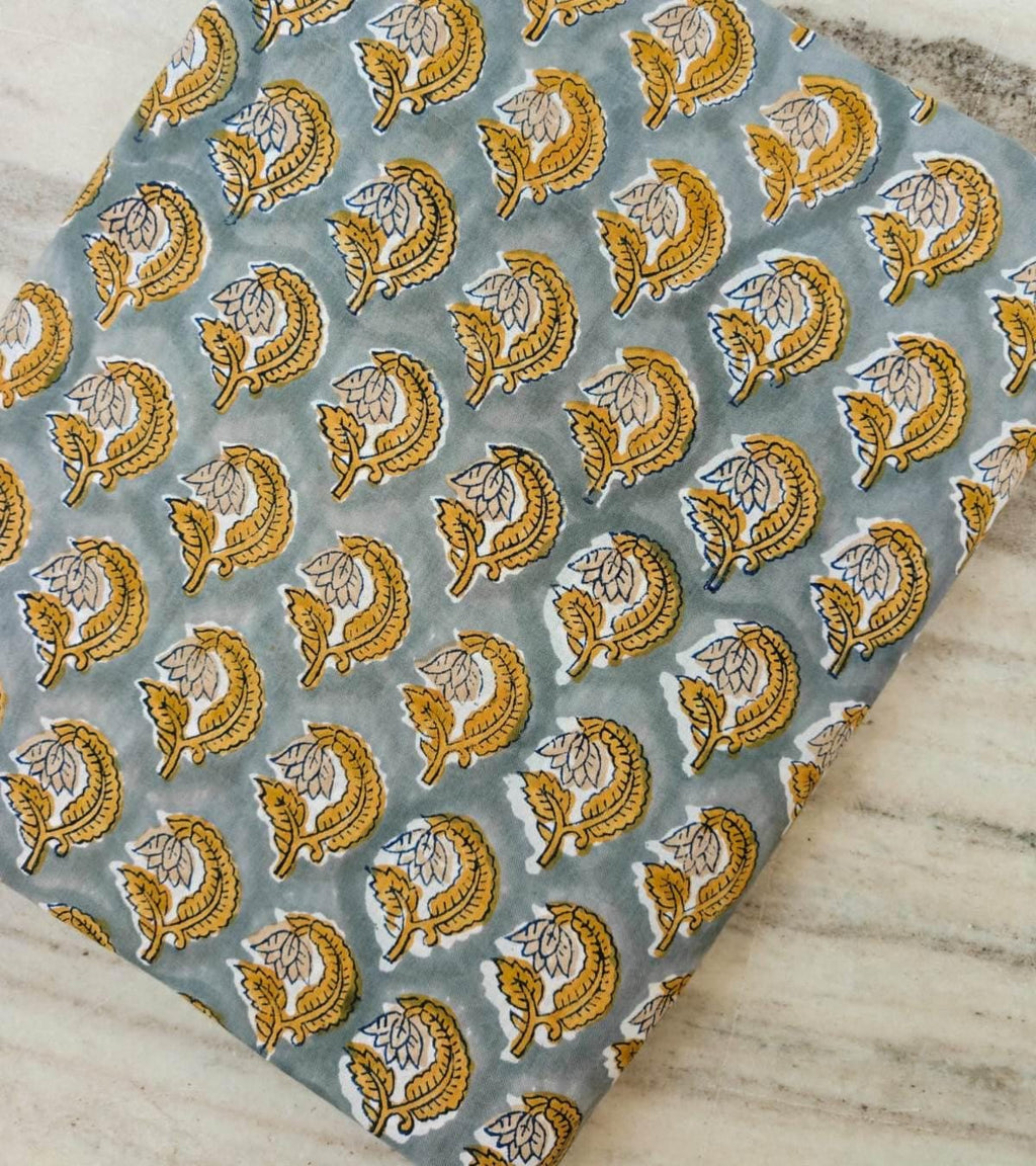 Gray Yellow Block Print Cotton Fabric by the Yard, Hand Block Printed Indian Cotton Fabric, Floral Buta Fabric Quilting Sewing Craft Textile