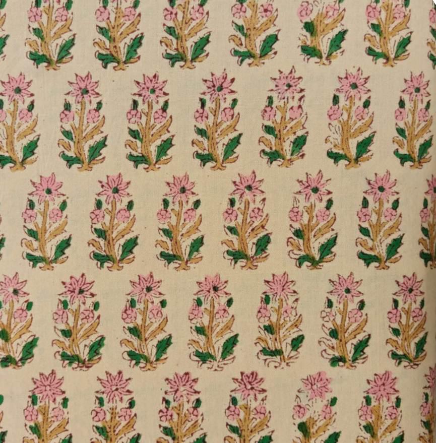 Pink Floral Block Print Cotton Fabric by the Yard, Indian Hand Block Print Fabric, Botanical Cotton Fabric, Sewing Fabric, Running Textile