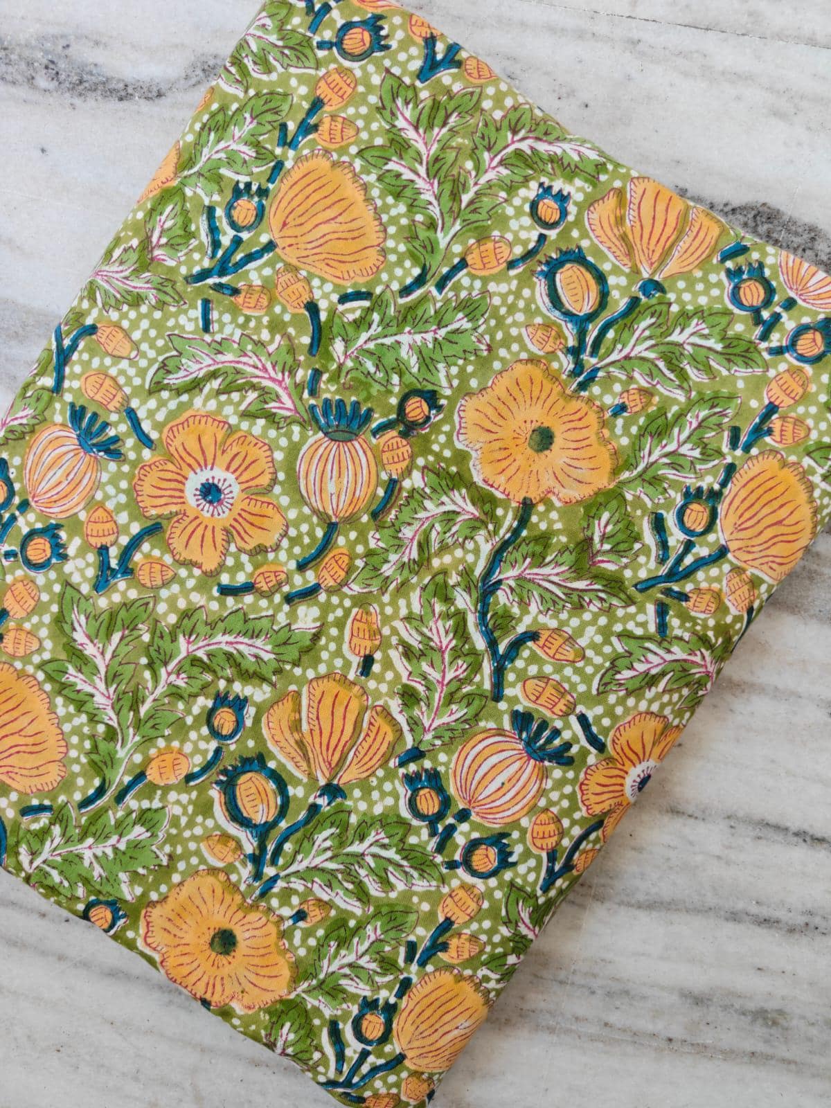 Olive Green Floral Cotton Fabric by the Yard, Hand Block Print Style Fabric, Yellow Botanical Flower Fabric, Sewing Quilting Fabric, Napkins