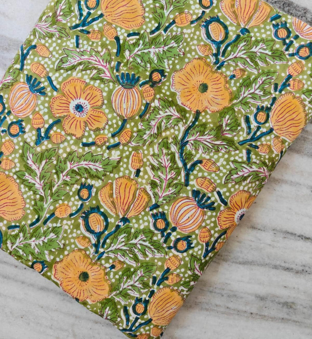 Olive Green Floral Cotton Fabric by the Yard, Hand Block Print Style Fabric, Yellow Botanical Flower Fabric, Sewing Quilting Fabric, Napkins
