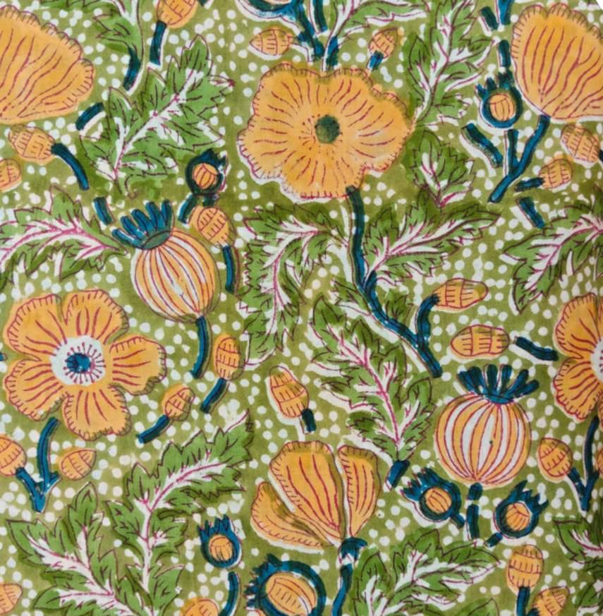 Olive Green Floral Cotton Fabric by the Yard, Hand Block Print Style Fabric, Yellow Botanical Flower Fabric, Sewing Quilting Fabric, Napkins