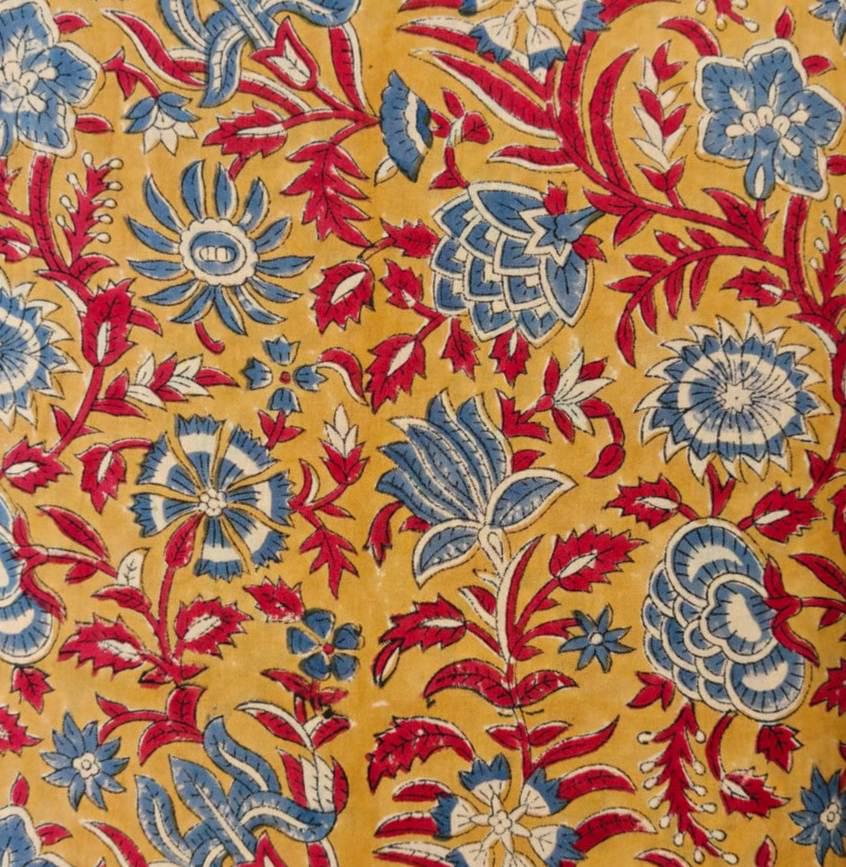 Mustard Yellow Floral Cotton Fabric by the Yard, Indian Block Print Fabric, Blue & Red Botanical Cotton, Vintage Floral Sewing Fabric