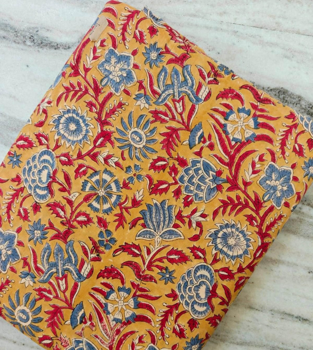 Mustard Yellow Floral Cotton Fabric by the Yard, Indian Block Print Fabric, Blue & Red Botanical Cotton, Vintage Floral Sewing Fabric