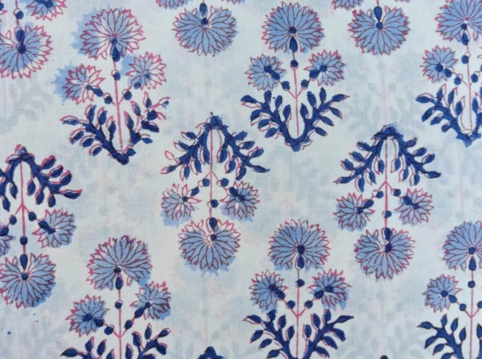 Blue and Pink Color Indian Hand Block Print Fabric, Floral 100% Cotton Quilting Fabric By The Yard, Dressmaking Fabric, Loose Fabric, Napkin