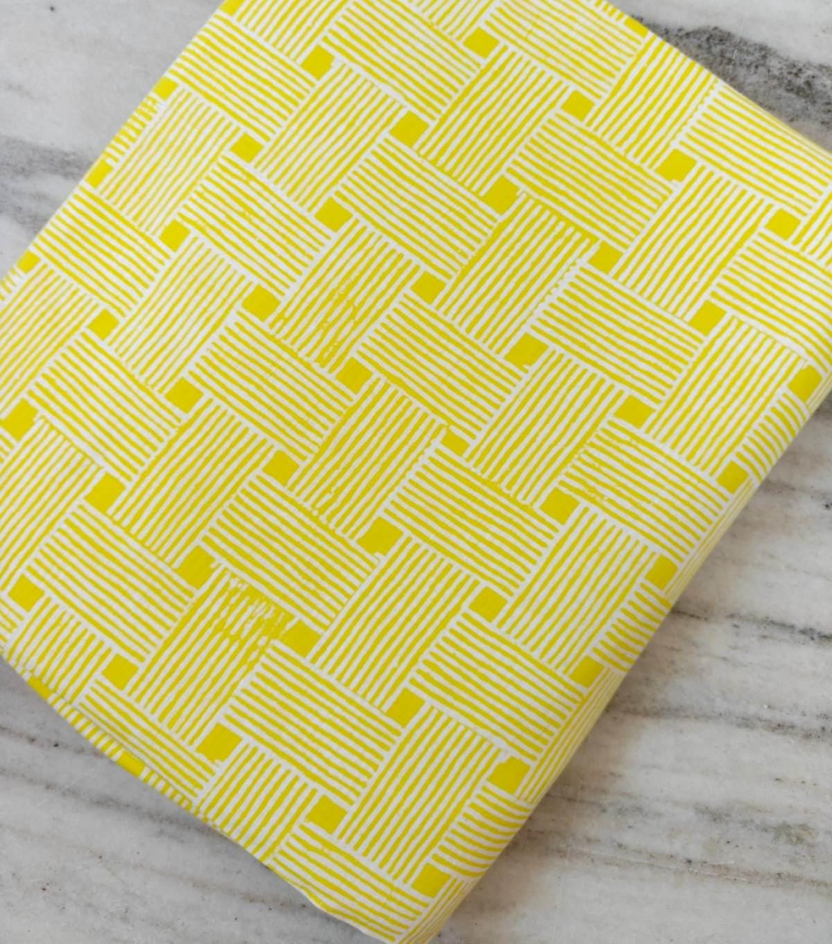 Yellow Geometric Cotton Fabric, Modern Stripe Print Fabric, Bright Yellow Quilting and Sewing  Dressmaking Fabric, Cute Hand Block Fabric