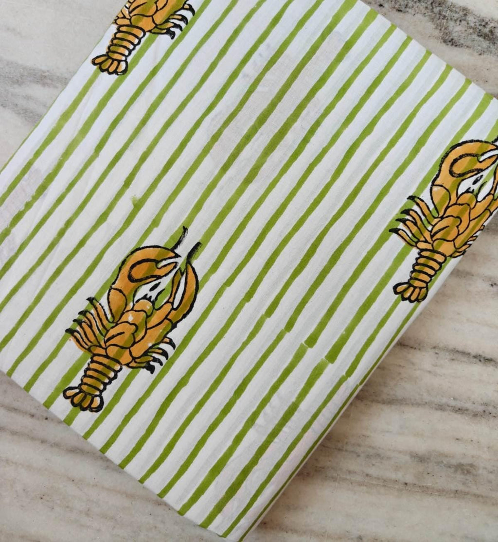 Mustard Yellow Stripe Lobster Cotton Fabric | White, Green Nautical Seafood Print Fabric by the Yard | Coastal Summer Sewing Craft Fabric