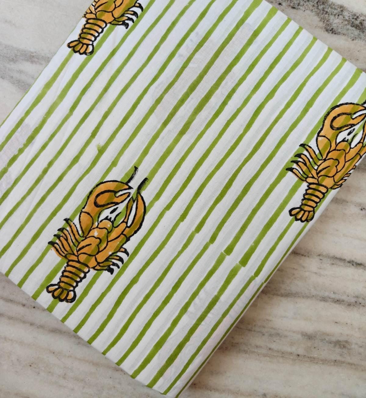 Mustard Yellow Stripe Lobster Cotton Fabric | White, Green Nautical Seafood Print Fabric by the Yard | Coastal Summer Sewing Craft Fabric