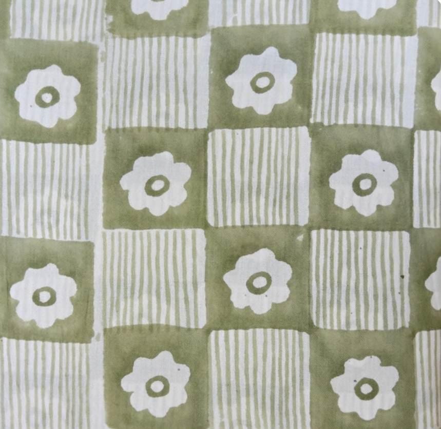 Sage Green Floral Cotton Fabric, Checkerboard Flower Print Fabric by Yard, Block Print Cotton Fabric, Quilting Sewing Craft Fabric, Napkins